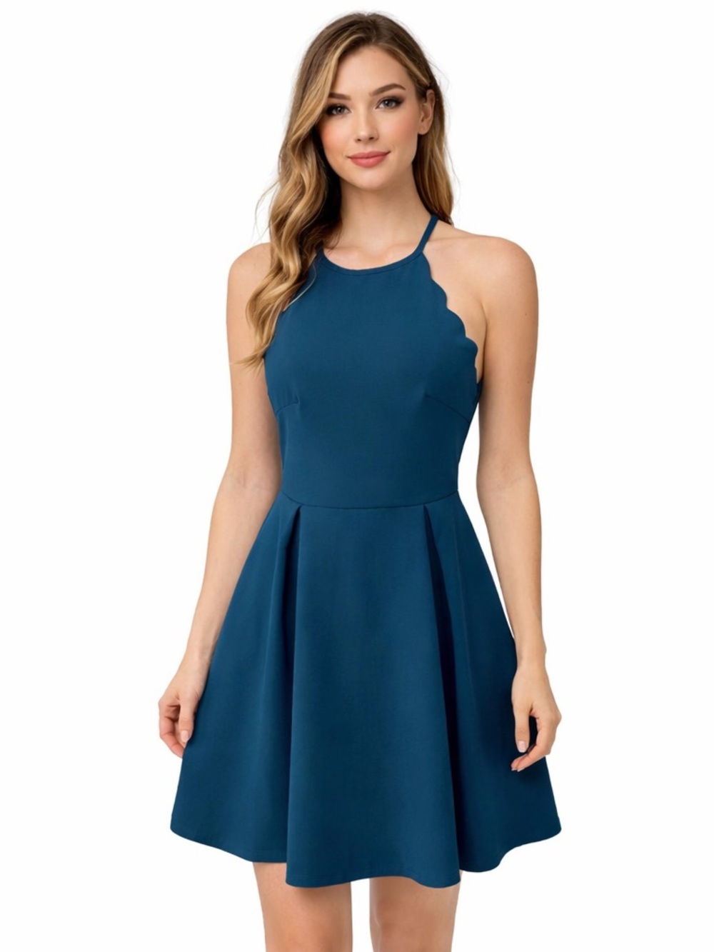 Women’s Teal Blue Fit & Flare Mini Dress Scalloped Halter Sleeveless XS Party